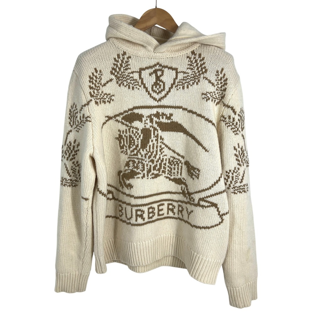 Burberry Equestrian Knight Intarsia Wool Knit Hoodie Cream 8058765